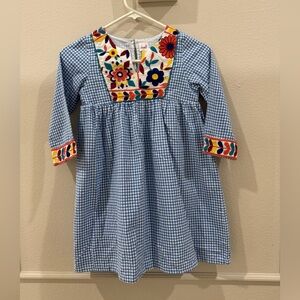 Cheeni Kids 7 Charming Blue Checkered Gingham Floral boho Embroidery girls dress